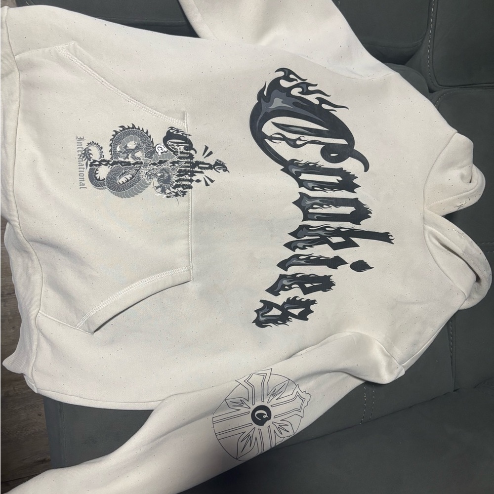 White Crewneck Graphic Pullover Hoodie with Black Flame Script